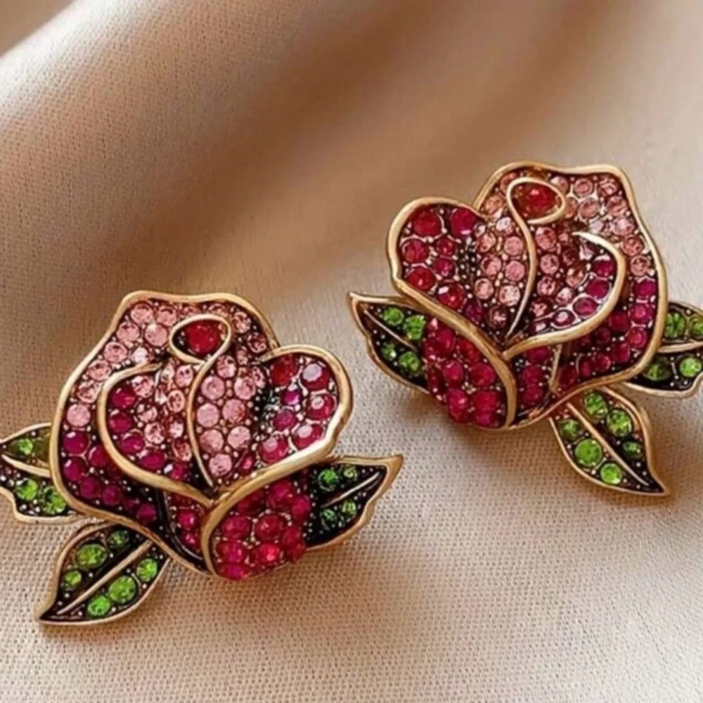 Crystal Rose Floral Stud Earrings 24k Gold Plated Pink & Green new